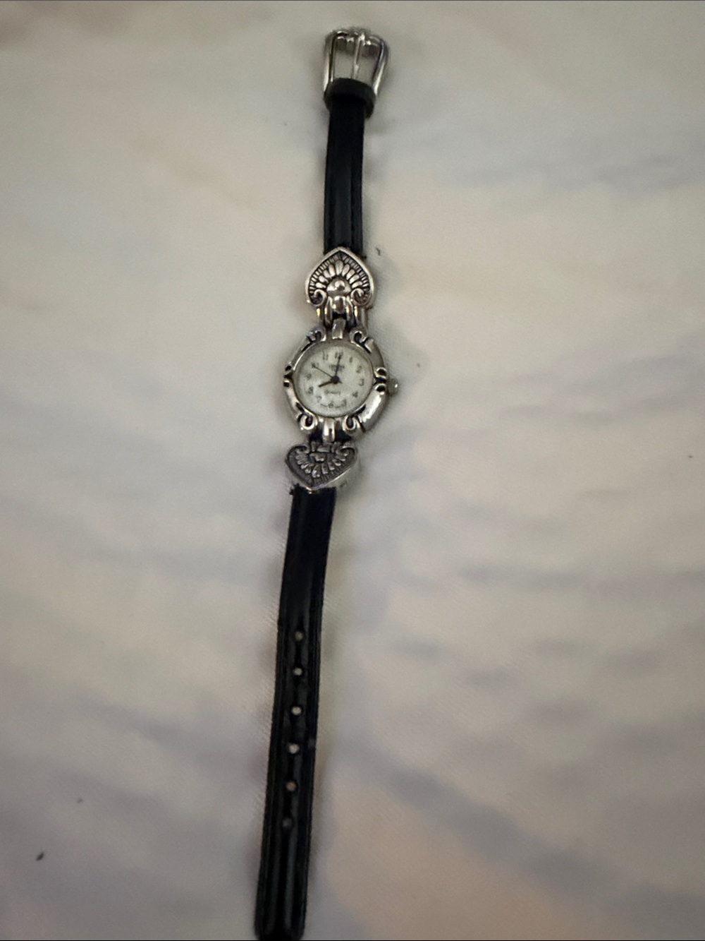 Geneva Black Strap Watch with Silver Heart Accents